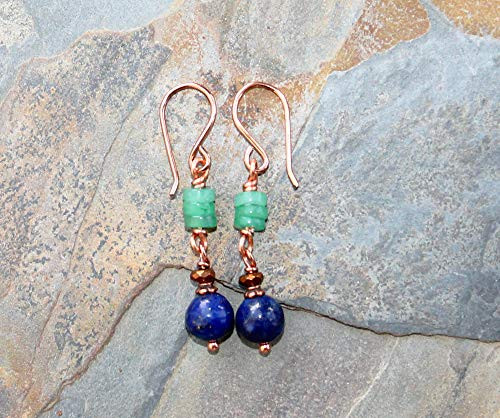 Lapis Earrings  Green Jade Earrings  Green and Blue Earrings  Copper Earrings  Natural Stone Earrings  Semi Precious Stone Earrings  For Her