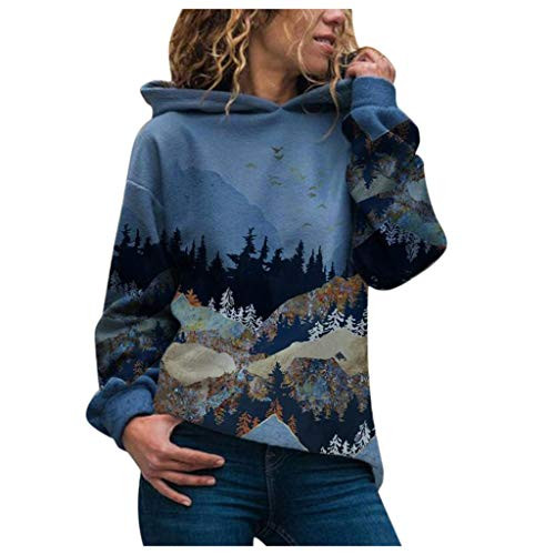 Hooded Sweatshirt Women Plus Size Mountain Printed Pullover Long Sleeve Sweatshirt Shirts Tops Plus Size Hoodies Pullover Blue