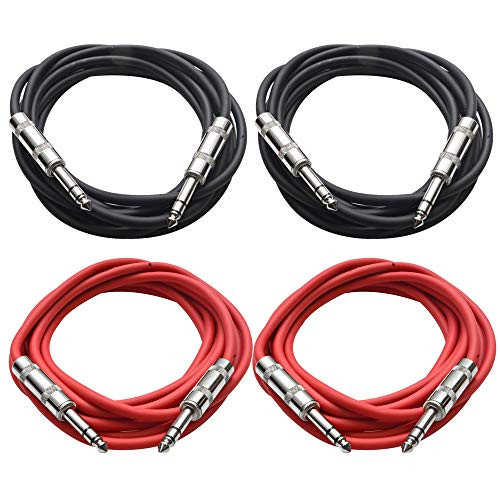 SEISMIC AUDIO - SATRX-10-4 Pack of 10' 1 4" TRS to 1 4" TRS Patch Cables - Balanced - 10 Foot Patch Cord - Black and Red