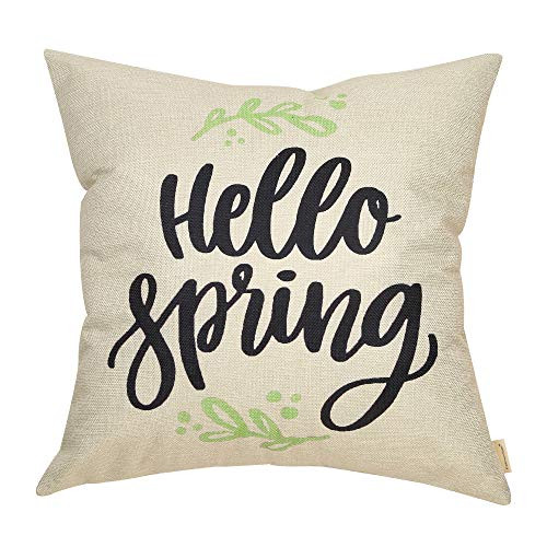 Fahrendom Hello Spring Green Olive Branch Vintage Farmhouse Style Seasonal Sign Cotton Linen Home Decorative Throw Pillow Case Cushion Cover with Words for Sofa Couch, 18 x 18 in