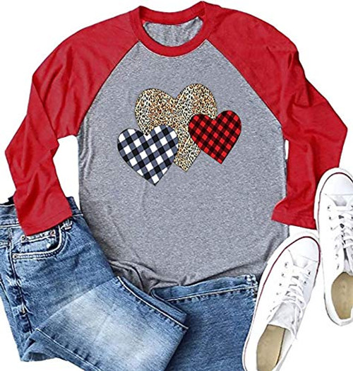 Valentine's Day Shirt Women Leopard Heart Long Sleeve Shirt Round Neeck Plaid Xmas Raglan T Shirt Christmas Baseball Red Three Heart L