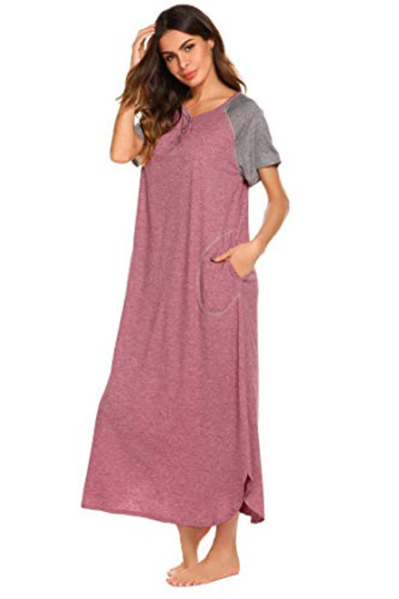 Ekouaer Womens Sleepshirts Short Sleeve Full Length Night Dress  A-red  Medium