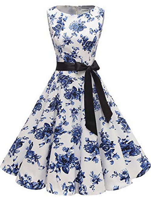 Gardenwed Women's Audrey Hepburn Rockabilly Vintage Dress 1950s Retro Cocktail Swing Party Dress Blue Flower 2XL