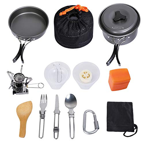 G4Free 11PCS 13PCS Camping Cookware Mess Kit Hiking Backpacking Picnic Cooking Bowl Non Stick Pot Pan Knife Spoon Set 13PCS Black