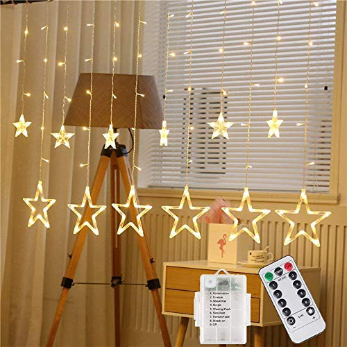 Star Curtain String Lights,138 LED Fairy Star Window Lights Battery Operated Linkable Window Icicle Decor Lighting 8 Modes with Remote Control for Home Christmas Halloween Wedding Party (Warm White)