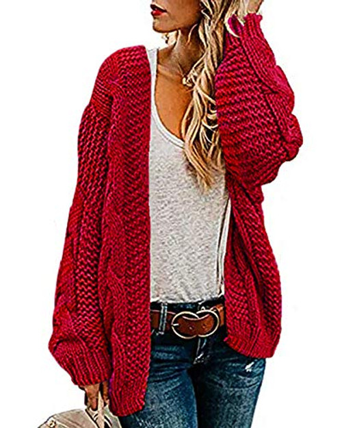 Ferrtye Womens Oversized Chunky Open Front Cardigan Sweaters Cable Knit Long Sleeve Boyfriend Cardigans Outwear Coat Red