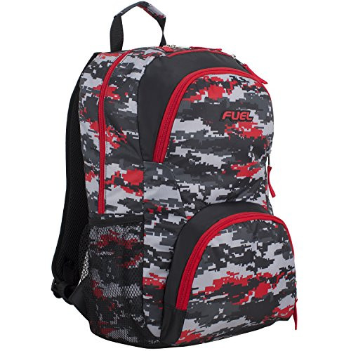 Fuel Spacious Everyday Backpack with Interior Tech Sleeve  Black White Geo Print Red Trim