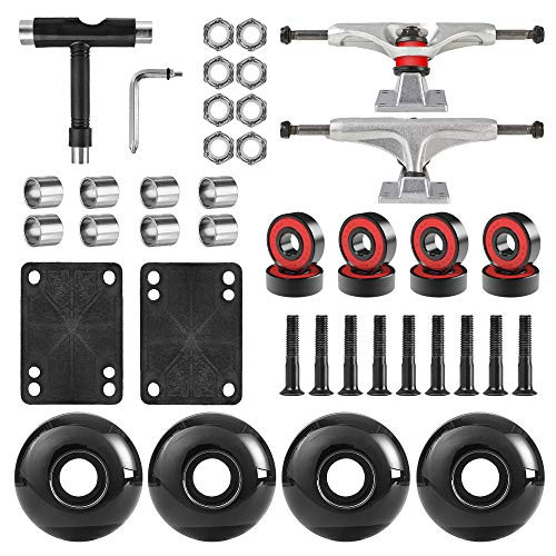 AXDT Skateboard Wheels Set Include Skateboard Trucks  Skateboard Wheels 52mm  Skateboard Bearings  Skateboard Pads  Skateboard Hardware 1"  Silver Truck  and  Black Wheel