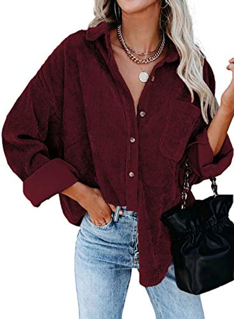 Astylish Womens Corduroy Shirts Button Down V Neck Long Sleeve Blouse Casual Roll Up Cuffed Tops with Pockets Red S