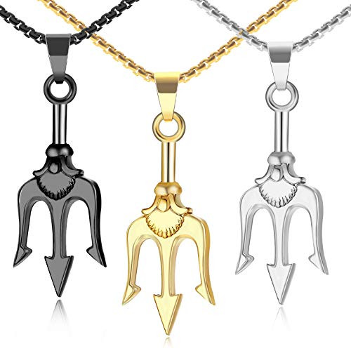 Trident Necklace  3PCS LE-SEKAI Poseidon Trident Necklaces Stainless Steel Ancient Greek Amulet Necklace Neptune Pendant Poseidon God of The Sea Trident Pendant Hip Hop Jewelry Sailor's Gift for Him