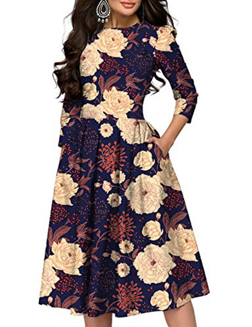Simple Flavor Women's Floral Evening Flare Vintage Midi Dress 3 4 Sleeve  3159BL  L