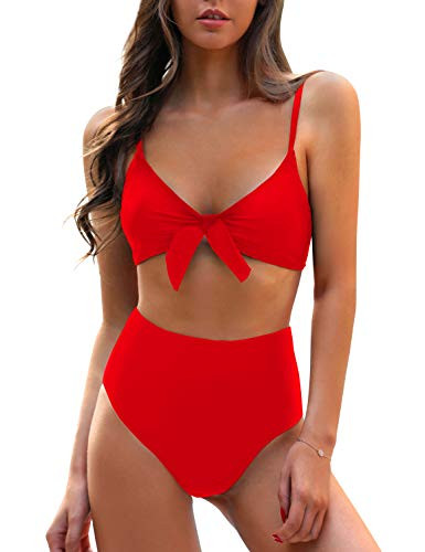 Blooming Jelly Womens High Waisted Bikini Set Tie Knot High Rise Two Piece Swimsuits Bathing Suits  Medium  Red