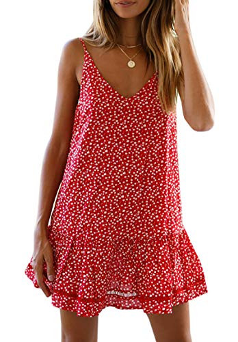 Valphsio Womens Floral Spaghetti Strap Short Dress Boho V Neck Mini Beachwear Dress Sundress  Medium  Red-1