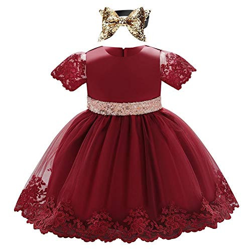 Lace Flower Girls Tutu Dress for Kids Baby Christening Baptism Communion Birthday Party Formal Dress Toddler Sequins Princess Wedding Bridesmaid Pageant Prom Gown with Headband Wine Red 12-18 Months