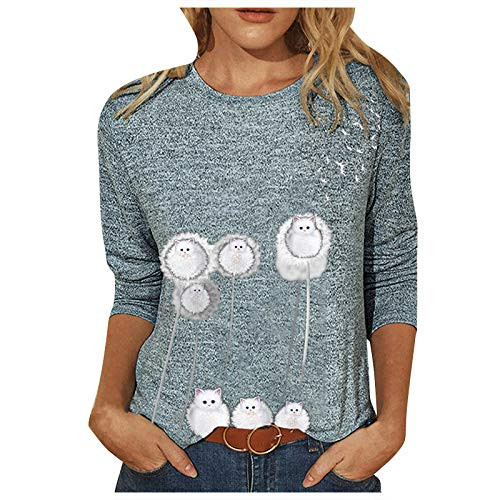 Women's Sweatshirts Long Sleeve Crewneck Tops Dandelion Cute Cat Printed Pullover Shirts Casual Loose Jumper Blouse Sky Blue