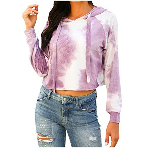 Women's Tie Dye Pullover Hoodie Sweatshirt Crop Top Hoodies Casual Hooded Sweatshirt Drawstring Pullover Purple