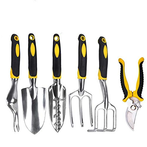 Hunting Friends Garden Tools Set  6 Piece Heavy Duty Cast-Aluminium Alloy Gardening Tools Including Transplanting Spade  Trowel  Rake  Cultivator  Weeder  Pruner Gardening Supplies Gifts for Men Women