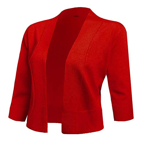 AAMILIFE Women's 3 4 Sleeve Cropped Cardigans Sweaters Jackets Open Front Short Shrugs for Dresses Red XL