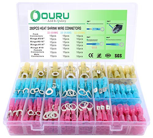 280PCS Heat Shrink Wire Connectors OURU Marine Grade Heat Shrink Ring Connectors Tinned Red Copper Electrical Wire Connectors Waterproof Insulated Ring Fork Spade Connectors 3Colors 7Types