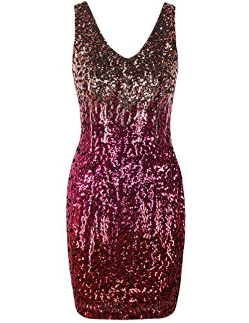 PrettyGuide Women Sexy Deep V Neck Sequin Shimmering Bodycon Stretchy Mini Party Dress M Pink Rose Red