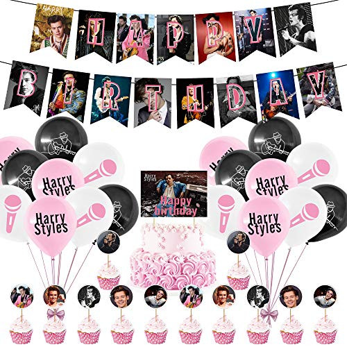 Harry Edward Styles Birthday Party Decorations Party Supply Set for Kids with 1 Happy Birthday Banner Garland  1 Cake Topper  12 Cupcake Toppers  24 Balloons for Party Decorations
