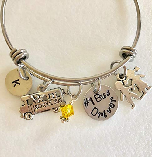 School Bus Driver Bangle  Bus Driver Key Ring  Bus Driver Gift  1 Bus Driver  Custom Initial  Gift For Bus Driver  Bus Driver Appreciation Gift  School Bus Bangle.