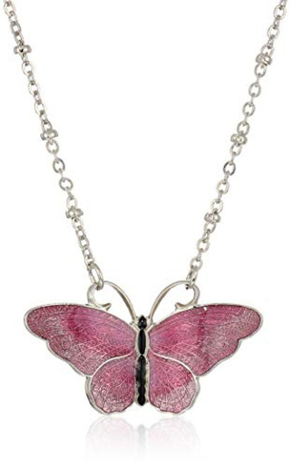 1928 Jewelry Women's Silver-Tone Purple and Black Enamel 16 inch Butterfly Necklace  Purple  One Size