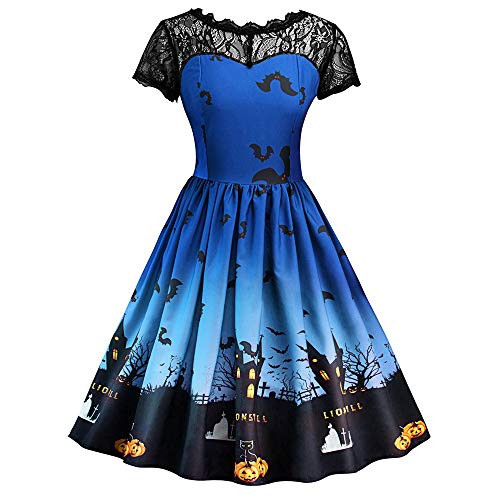 VEKDONE Women Halloween Dress Costume Retro Pumpkin Skeleton Bat Printed Cocktail Party Dress?Sky Blue Medium