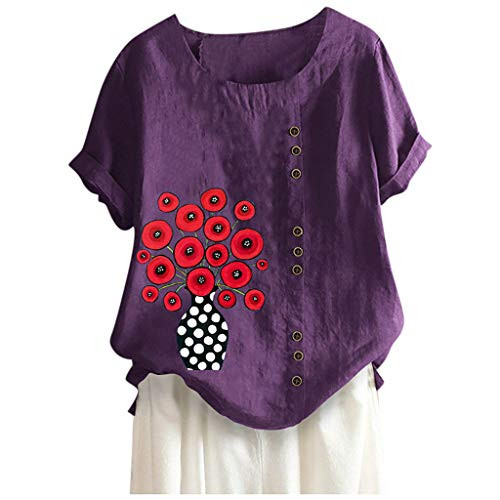 ZSBAYU Linen Shirts Women O-Neck Short Sleeve Floral Print Vintage Blouse Tunic Pullover Casual Buttons Tops Purple