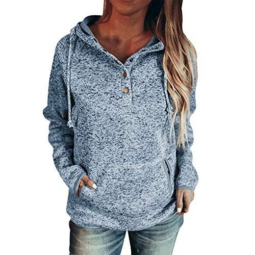 Hooded Sweatshirt Women Buttons Collar Hooded Sweatshirt Pullover Pockets Drawstring Top Plus Size Hoodies Pullover Blue