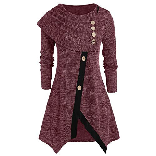 WUAI-Women Oversized Long Sleeve Cowl Neck Button Asymmetrical Hemline Flowy Tunic Top Red XXXXX-Large