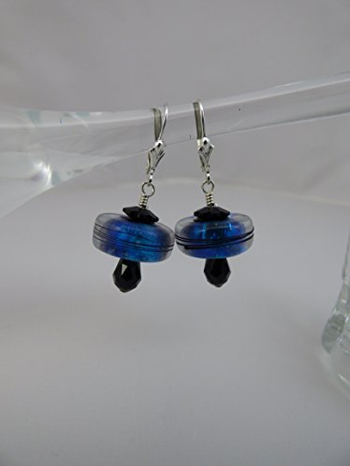 Bright Blue Frosted Dichroic Artisan Lampwork Earrings with Swarovski Crystal Accents and Sterling Silver Leverback Ear Wires