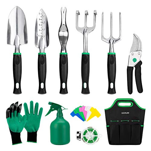 GIGALUMI Garden Tool Sets -Succulent Tools Set Heavy Duty Gardening Tools with Gloves  and  Handbag - Aluminum Outdoor Hand Tools with Trowel Pruners and More - Garden Gifts for Woman  11 Piece