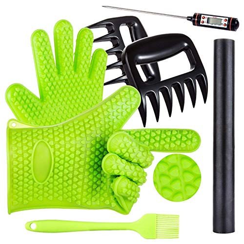 Targher BBQ Grill Oven Cooking Gloves-Meat Claws Set 5 in 1 BBQ Set with Silicone Gloves Bear Claws  Meat Thermometer  Silicone Basting Brush  Non-Stick BBQ Baking Mat - for Indoor  and  Outdoor Cooking