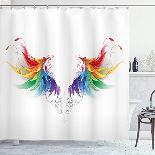 Ambesonne Rainbow Shower Curtain  Realistic Looking Feathers in Rainbow Color Forming Wings Flight Angels Symmetrical  Cloth Fabric Bathroom Decor Set with Hooks  70" Long  Red Purple