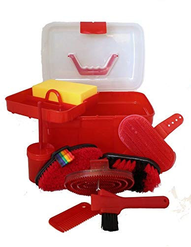 AJ Tack Wholesale Horse Grooming Box Set 9 Pieces Barn Stable Supply Brushes Comb Hoof Pick Red