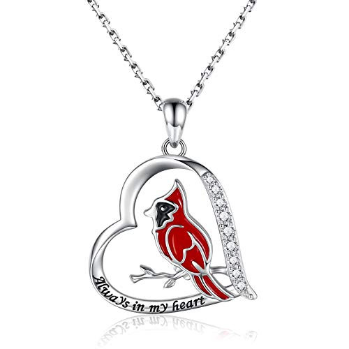 MANBU Sterling Silver Cardinal Necklace for Women - Red Bird Heart Pendant Always in My Heart Memorial Jewelry Gift for Loss of The Loved One