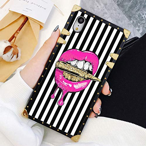 Square Case Compatible iPhone XR Pink Lips in Bullet Luxury Elegant Soft TPU Shockproof Protective Metal Decoration Corner Back Cover Case iPhone XR Case 6.1 Inch