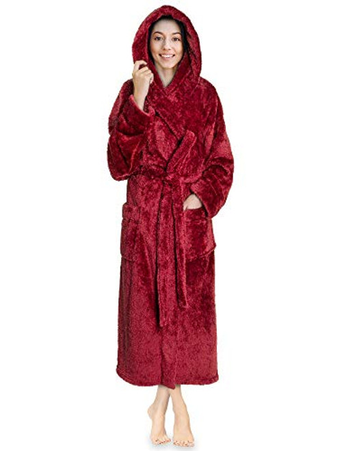 PAVILIA Women Hooded Plush Soft Robe  Fluffy Warm Fleece Sherpa Shaggy Bathrobe  L XL  Wine Red