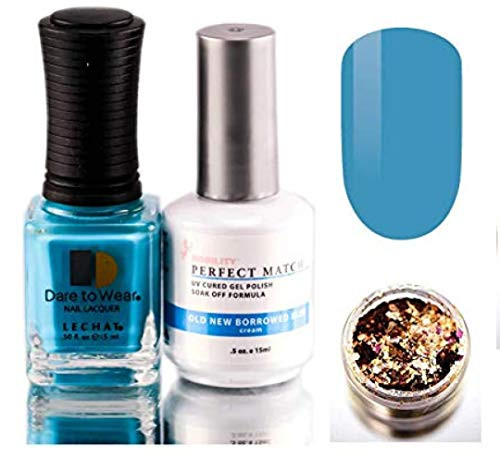 LeChat PERFECT MATCH Gel Polish  and  Nail Lacquer  Gel Polish with Matching Regular Nail Polish Color  with Nail Glitter Kit  LED  and  UV Cured Soak Off Nail Formula 2 x 0.5 oz  51 Old New Borrowed  and  Blue