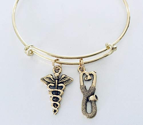 Gold Stethoscope and Caduceus Charm Gold Expandable Charm Bracelet Double Sided Appreciation Gift for Nurse RN Doctor Adjustable One Size Fits All Gold Stethoscope and Caduceus Charm Gold Expandable Charm Bracelet Double Sided Appreciation Gift for Nurse RN Doctor Adjustable One Size Fits All