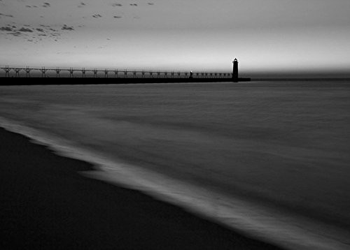 Black and white lake sunset art photo print  lighthouse photography  paper  canvas  large wall decor