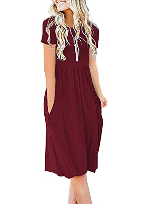 DB MOON Women Summer Casual Short Sleeve Dresses Empire Waist Dress with Pockets Wine Red L DB MOON Women Summer Casual Short Sleeve Dresses Empire Waist Dress with Pockets Wine Red L