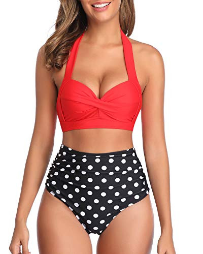 Tempt Me Women Vintage Swimsuits Red Dot Retro Halter Ruched High Waist Bikini L