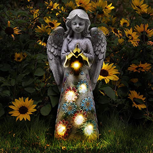 Voveexy Angel Garden Figurine Outdoor Garden Statue  Solar Garden Sculpture with 7 LEDs Welcome Sign Resin Praying Angel Art Garden Decor for Patio Lawn Yard Porch Decoration  Housewarming Garden Gift