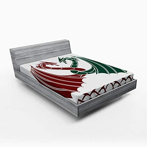 Lunarable Celtic Fitted Sheet  Dragons Theme Design Mythical Early Medieval Scandinavian Celtic Castle Knights Print  Soft Decorative Fabric Bedding All-Round Elastic Pocket  Full Size  Green Red