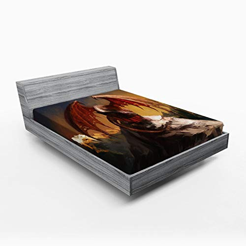 Lunarable Dragon Fitted Sheet  Malicious Dragon on Mountain Peaks Reflecting His Next Move Oriental Beast  Soft Decorative Fabric Bedding All-Round Elastic Pocket  Full Size  Pastel Red