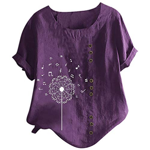 Hotkey Womens Plus Size Linen Shirts Vintage Floral Print Button O-Neck Short Sleeve Blouse Tunic Tops Loose T-Shirt Purple