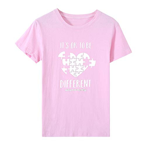 Shakumy Women Summer T-Shirt Top Heart It's OK to BE Different Letter Print Short Sleeve Tunic Tee Casual Loose Fit Blouses Purple
