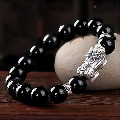 NaiiaN Feng Shui Black Obsidian Wealth Bracelet Pixiu Bracelet for Women Men Pi Xiu Pi Yao Bracelet Sanskrit Beads Elasticity Sturdy and Durable Attract Lucky Wealthy Amulet Gift 8mm